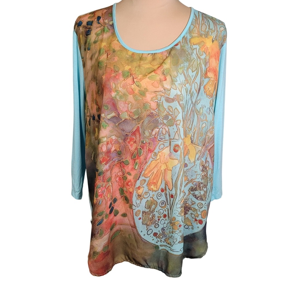 Fitz‎ & Ginger XL Top Tee Scarf Print Blue Mixed Media Art to Wear Impressionist